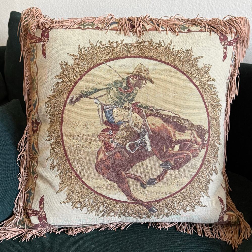 Silverado Home Rodeo Bronc Rider Pillow Faux Leather Fringe Western Tapestry 21"